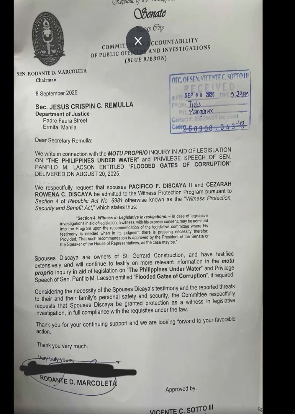 Senate President Tito Sotto, hindi pinirmahan ang request para maging witness ang mag-asawang Discaya